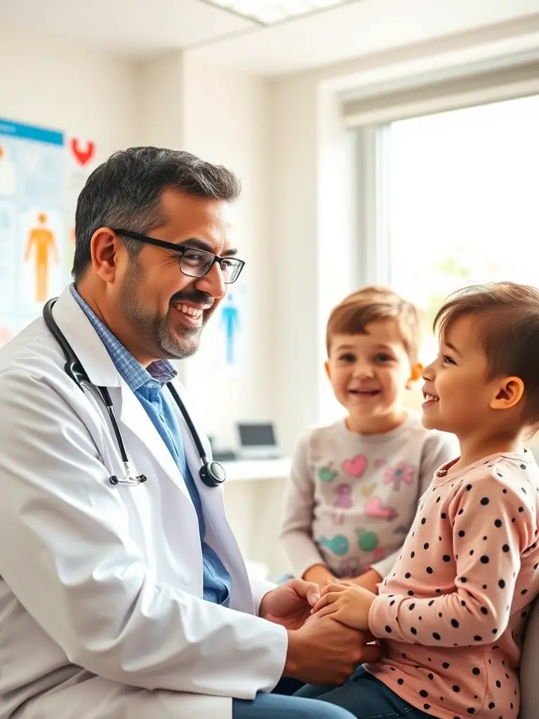 A friendly family doctor, Dr. Amr Amasha, smiling and consulting with a young patient and their parent in a brightly lit examination room at Wellness Medical Clinic.