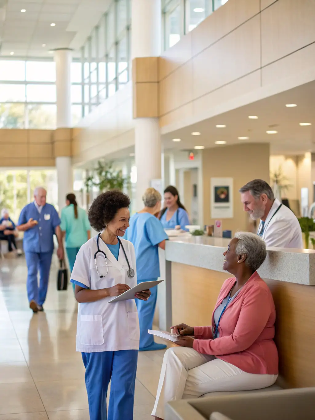 A diverse group of patients being attended to by nurses and doctors in a modern and efficient walk-in clinic setting at Wellness Medical Clinic.