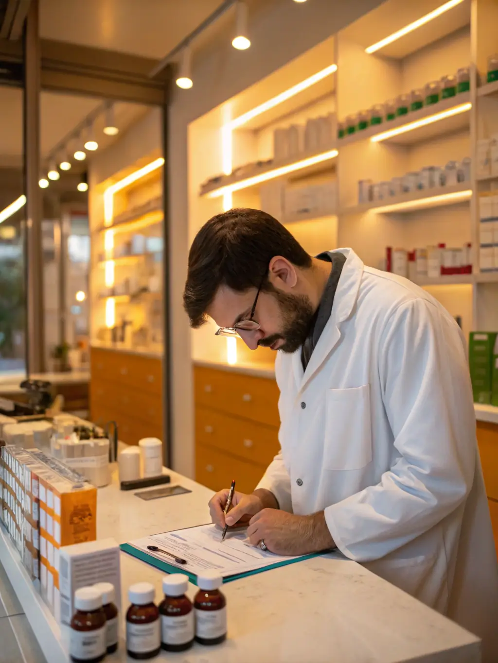 A pharmacist at Wellness Medical Pharmacy carefully preparing a prescription in a clean and organized pharmacy setting, with shelves stocked with medications.